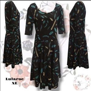 LuLaRoe Black Dress with Turquoise and Gold Feather Pattern. Fit Flare XL